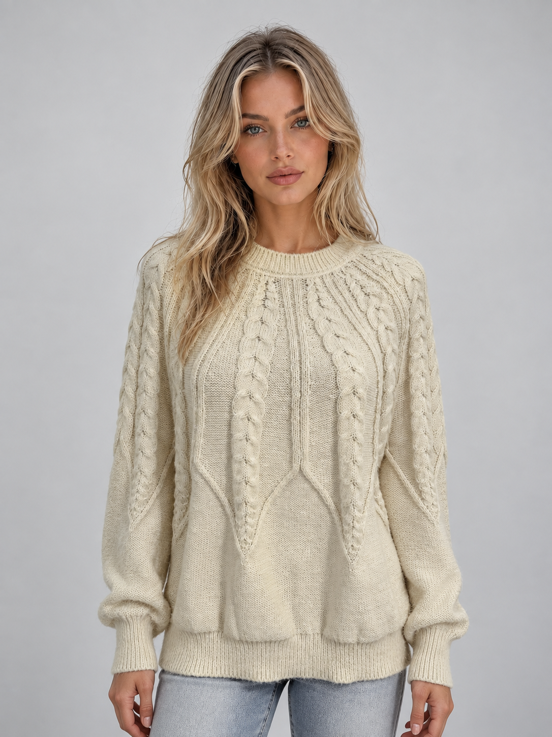 Valentia Cable Knit Crew Neck Sweater - Cream