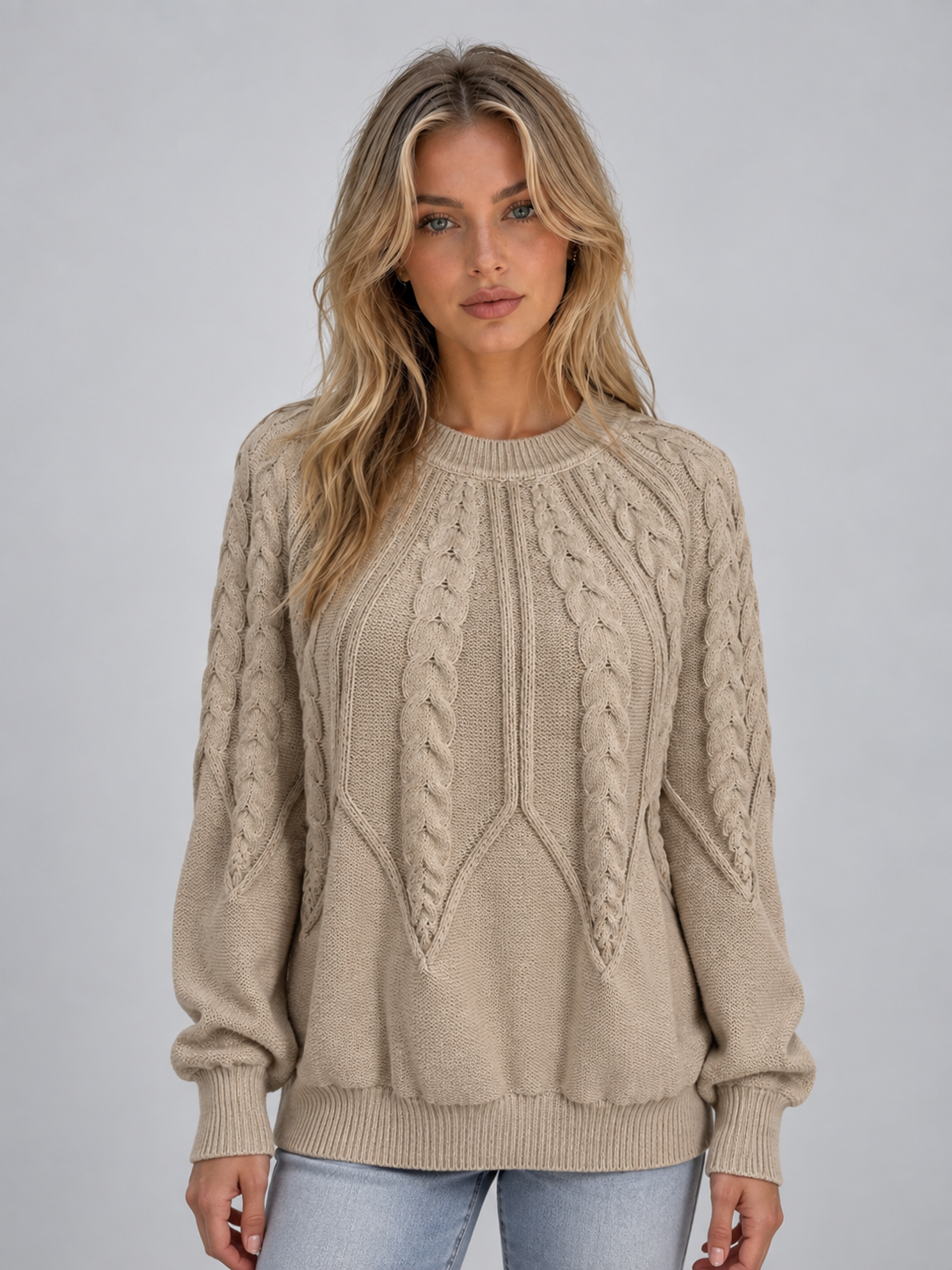 Valentia Cable Knit Crew Neck Sweater - Khaki