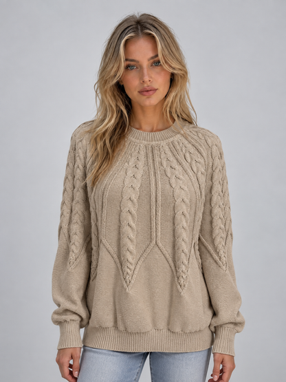 Valentia Cable Knit Crew Neck Sweater - Khaki