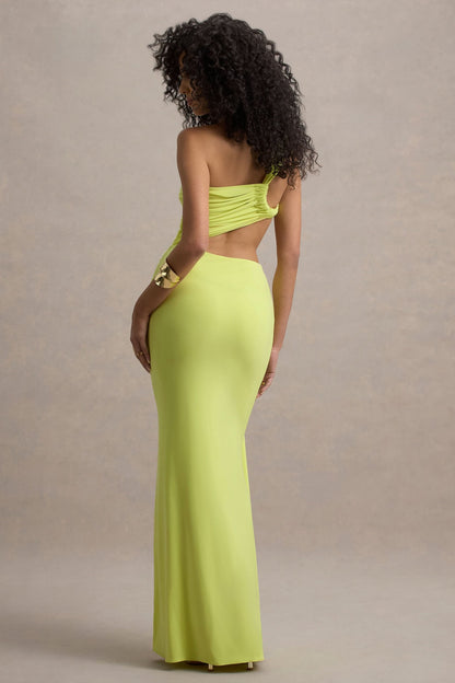 White one-shoulder cutout maxi dress side cutout detail view