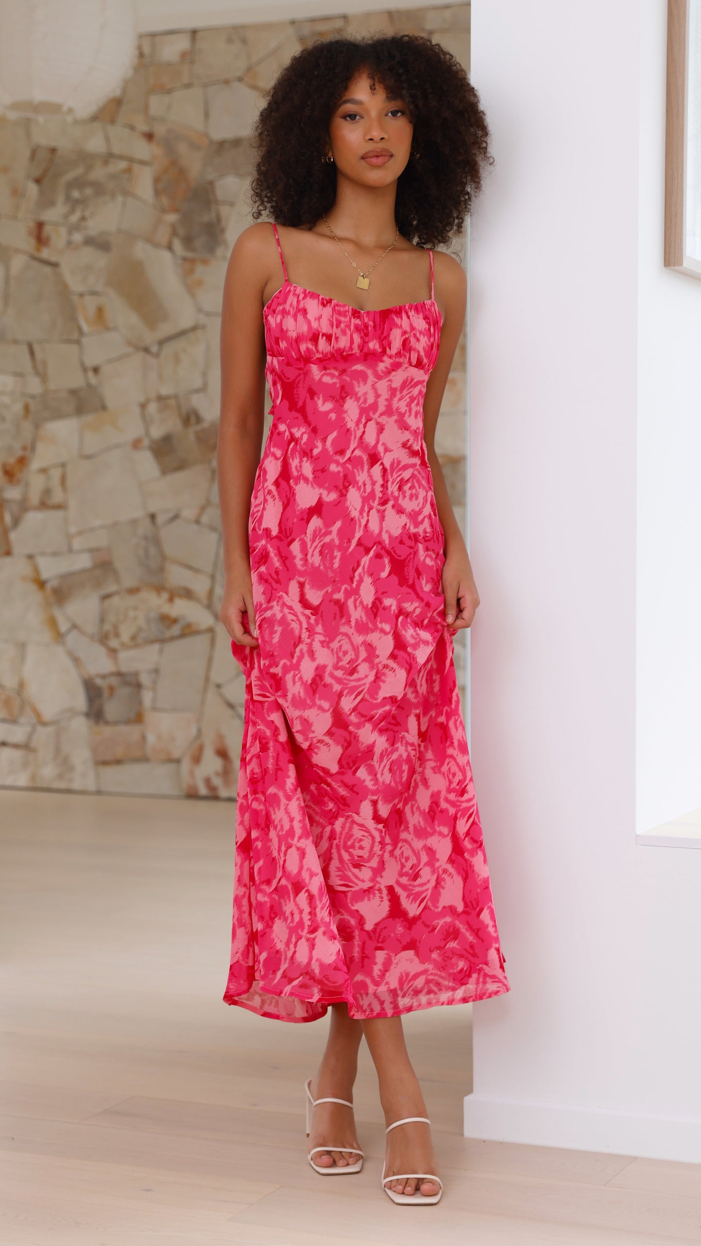 pink rose print midi dress with cowl neckline and side slit detail