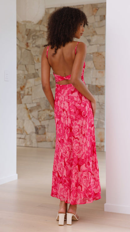 Back detail of pink floral midi dress showing cutout and tie closure