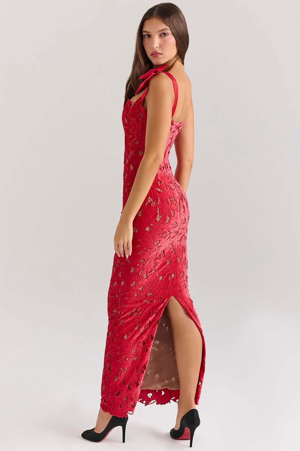 Red lace maxi dress with tie-shoulder straps and asymmetrical hem slit