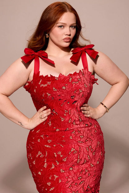 Red lace maxi dress close-up front showing intricate floral lace pattern