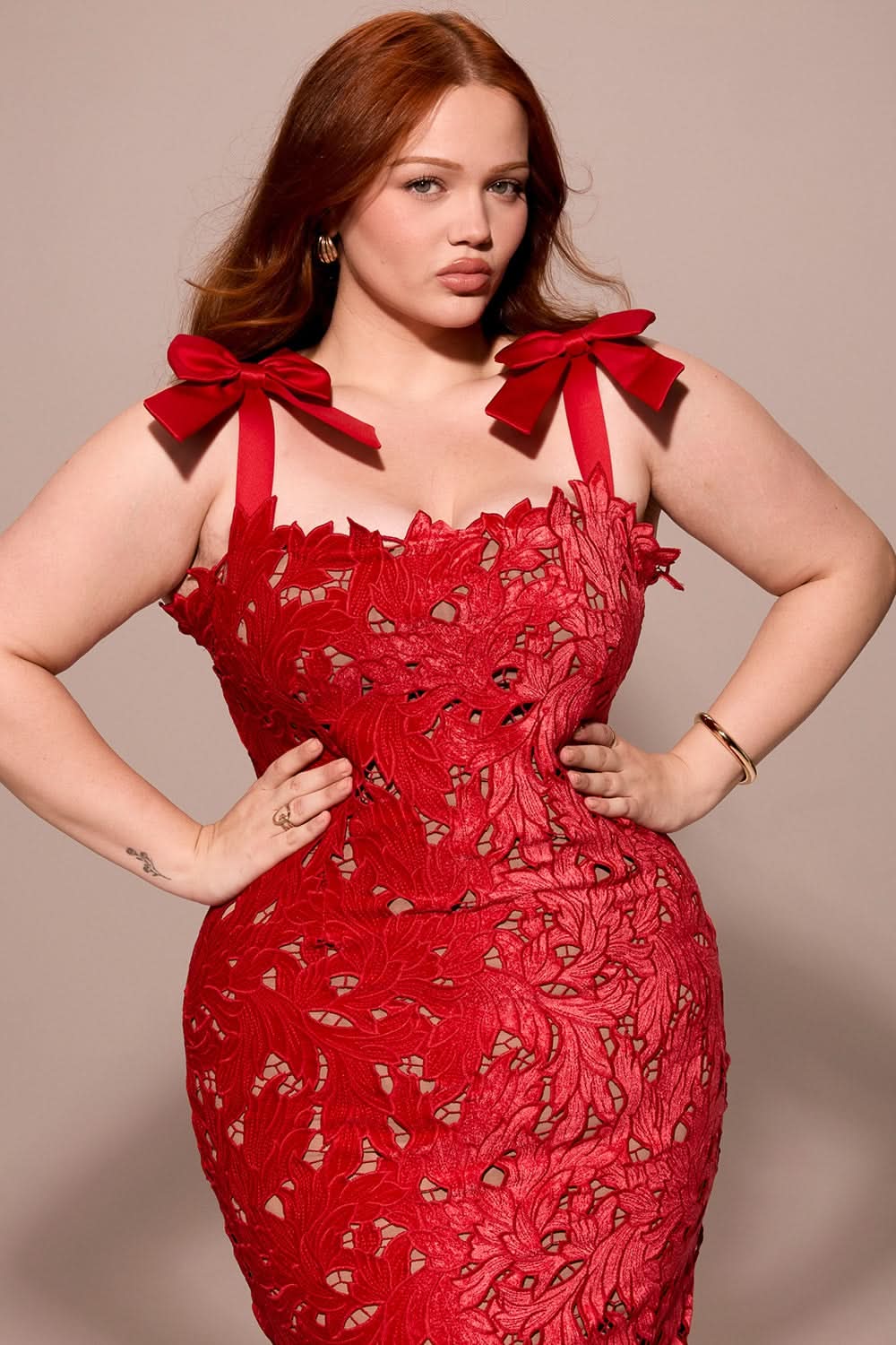 Red lace maxi dress close-up front showing intricate floral lace pattern