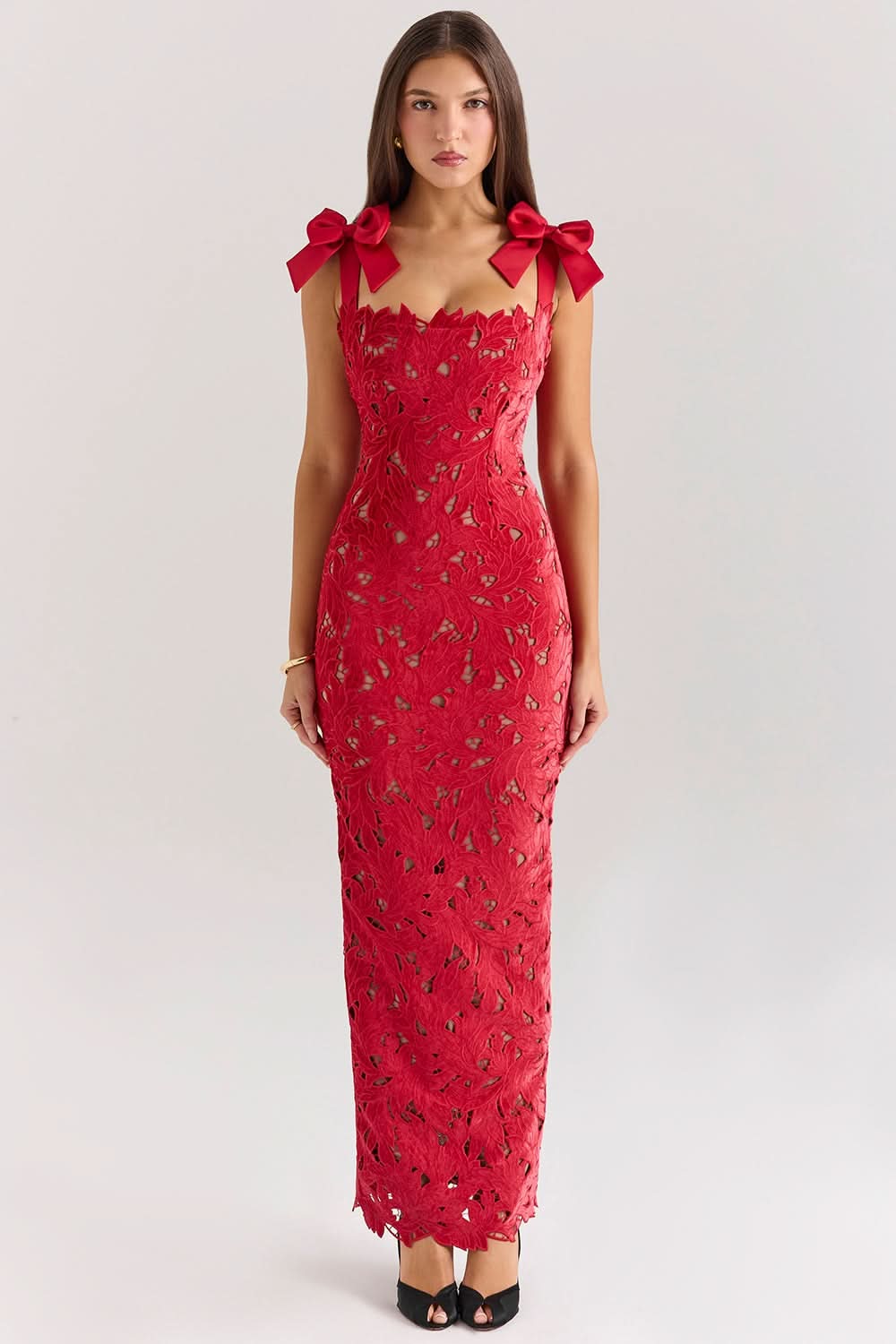Red lace maxi dress full length front view with bow straps and fitted silhouette