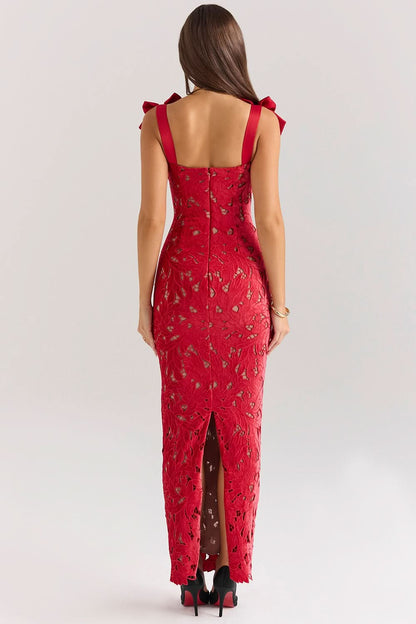 Red lace maxi dress full length front view with bow straps and fitted silhouette