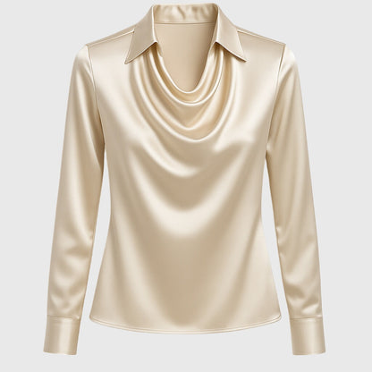Champagne satin cowl neck top with draped front and long sleeves