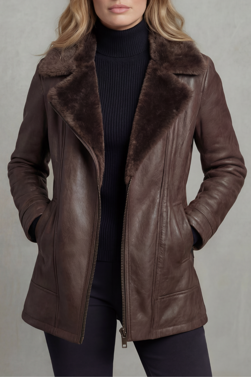 Vanessa Faux Leather Shearling Collar Zip Jacket