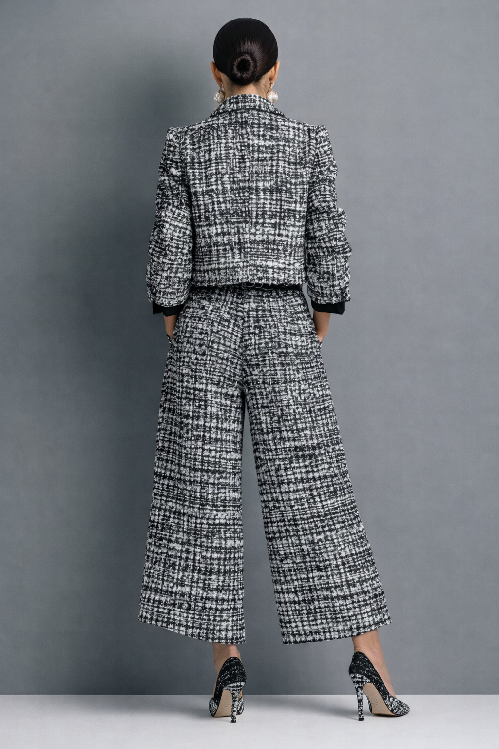 Varinia Cropped Jacket Wide Leg Pants Set - Black and White