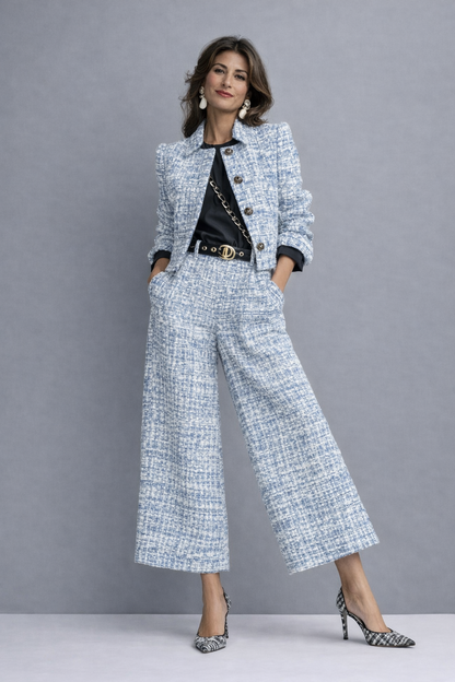 Varinia Cropped Jacket Wide Leg Pants Set - Light Blue