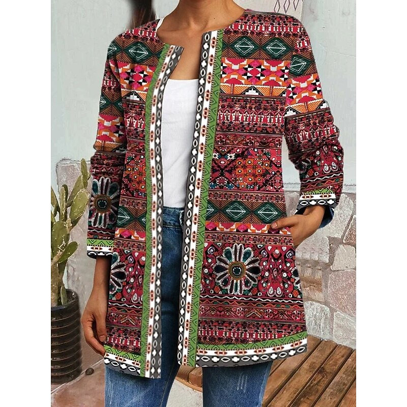 Vashti Patterned Open-Front Jacket - Red Geometric Print