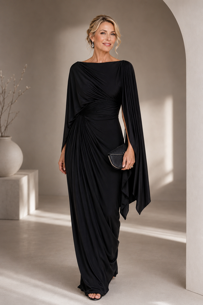 Velisse Cape Sleeve Draped Maxi Dress - Black