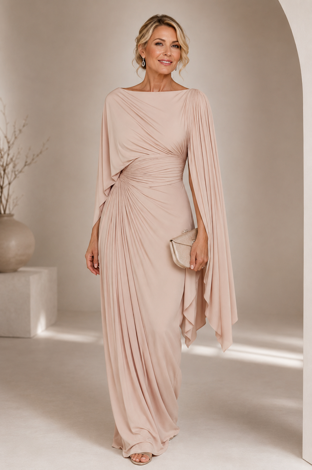 Velisse Cape Sleeve Draped Maxi Dress - Blush