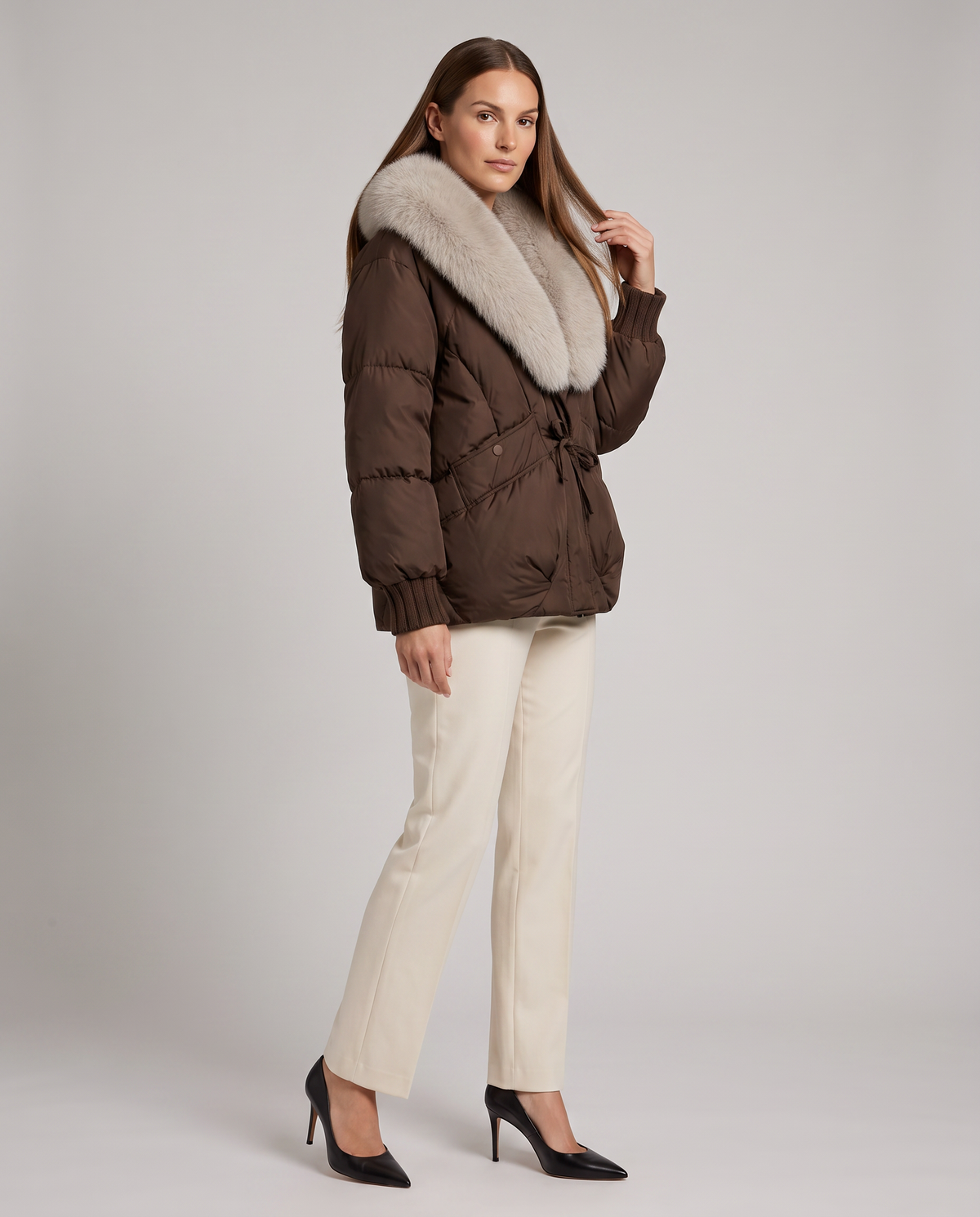 Velma Faux Fur Collar Puffer Jacket - Brown