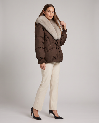 Velma Faux Fur Collar Puffer Jacket - Brown