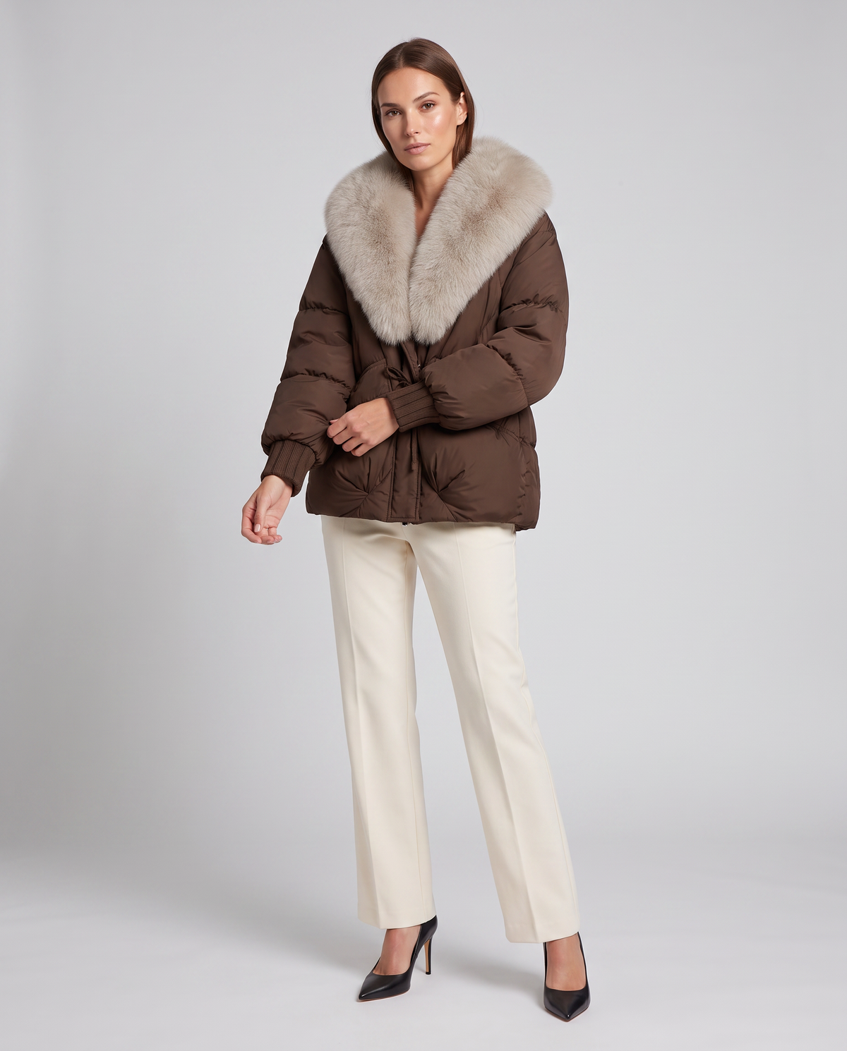 Velma Faux Fur Collar Puffer Jacket - Brown
