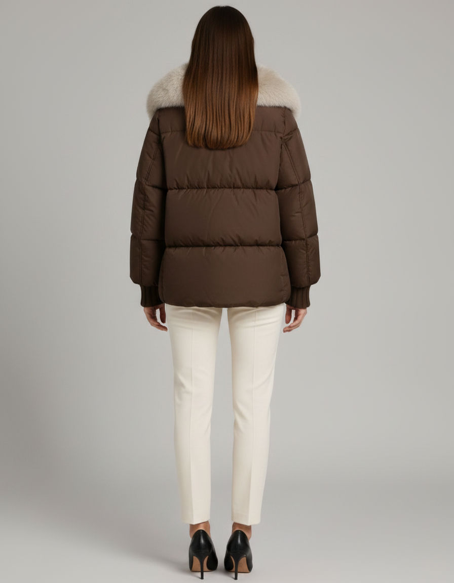 Velma Faux Fur Collar Puffer Jacket - Brown