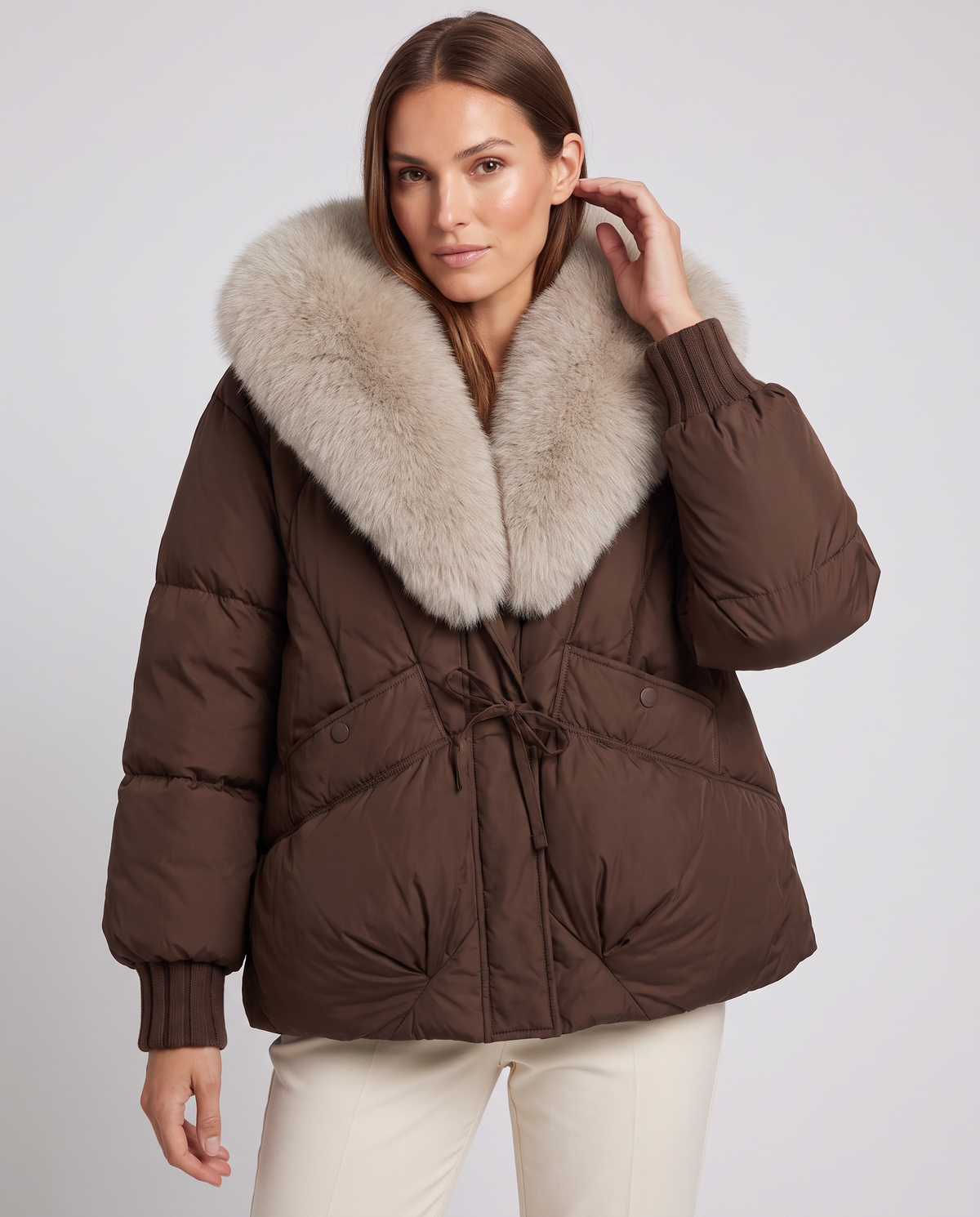 Velma Faux Fur Collar Puffer Jacket - Brown