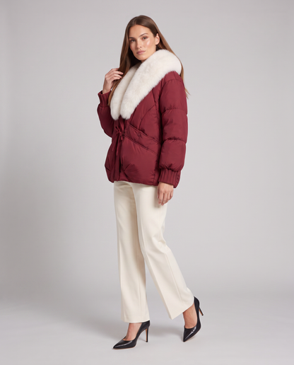 Velma Faux Fur Collar Puffer Jacket - Burgundy