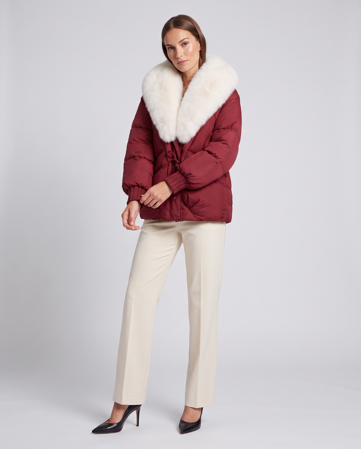 Velma Faux Fur Collar Puffer Jacket - Burgundy