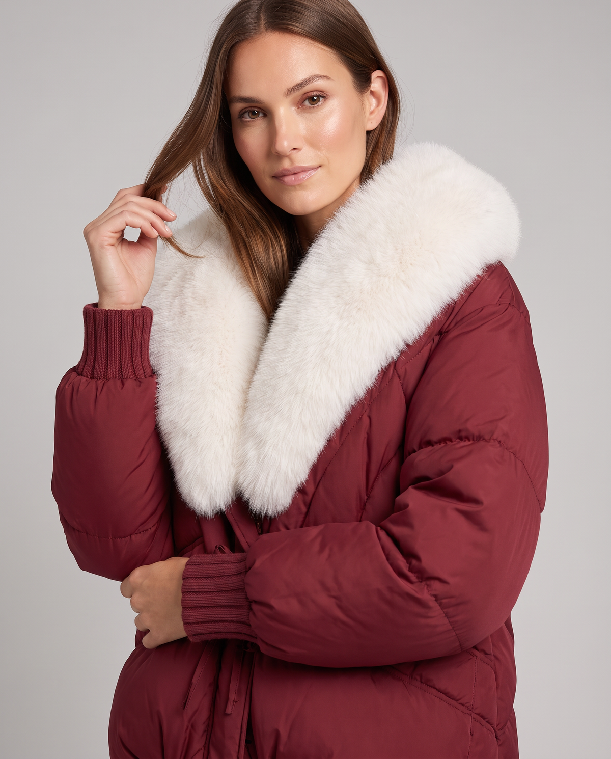 Velma Faux Fur Collar Puffer Jacket - Burgundy