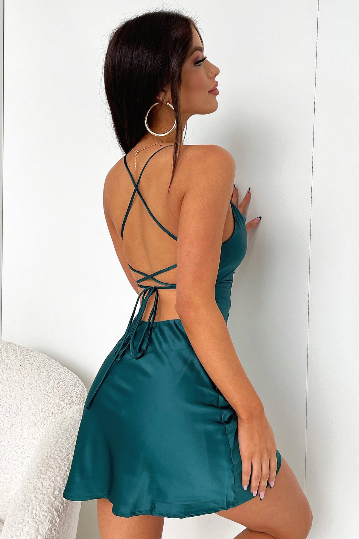 Venla Cowl Neck Satin Mini Dress - Emerald Green