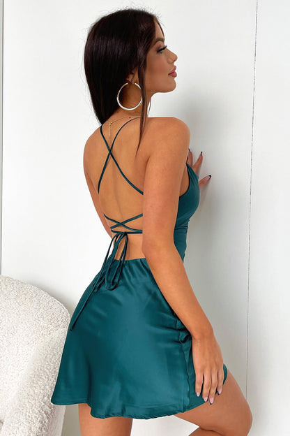 Venla Cowl Neck Satin Mini Dress - Emerald Green