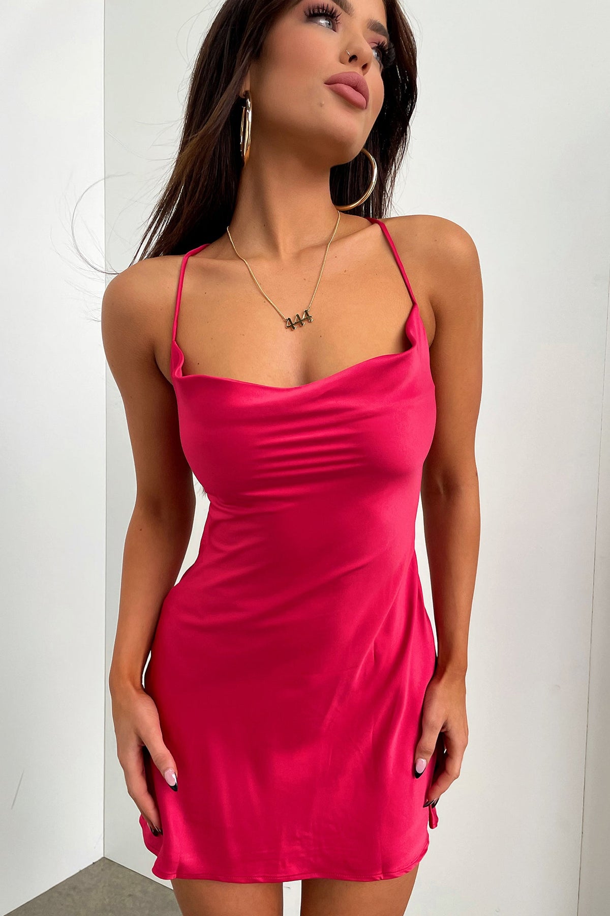 Venla Cowl Neck Satin Mini Dress - Raspberry