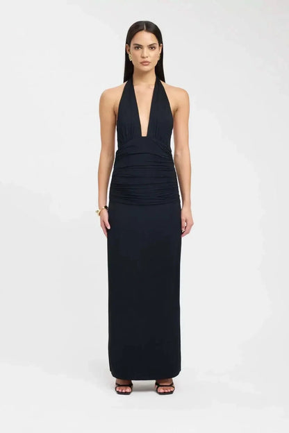 Black halter maxi dress with plunging neckline and ruched bodice