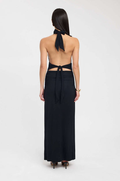 Back view of black maxi dress with halter tie and cutout back