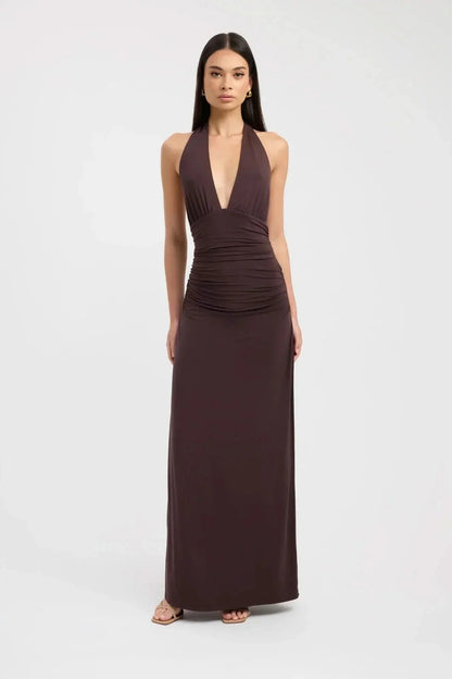 Brown halter maxi dress with deep V-neckline and ruched waist