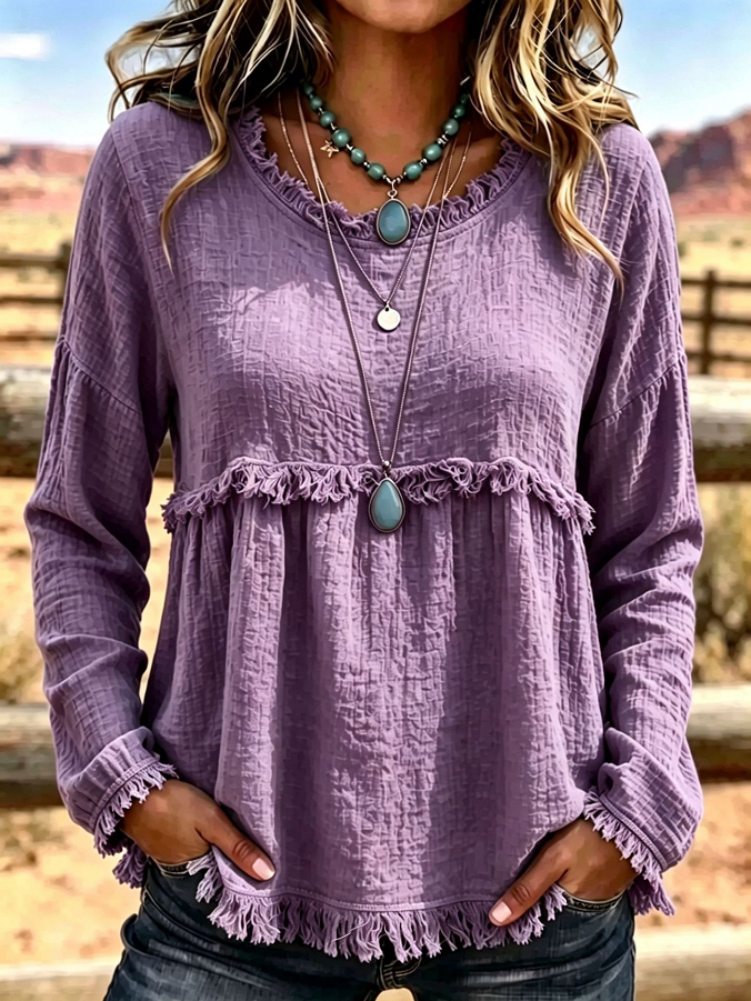 Viveka Fringe Trim Babydoll Top - Dusty Purple