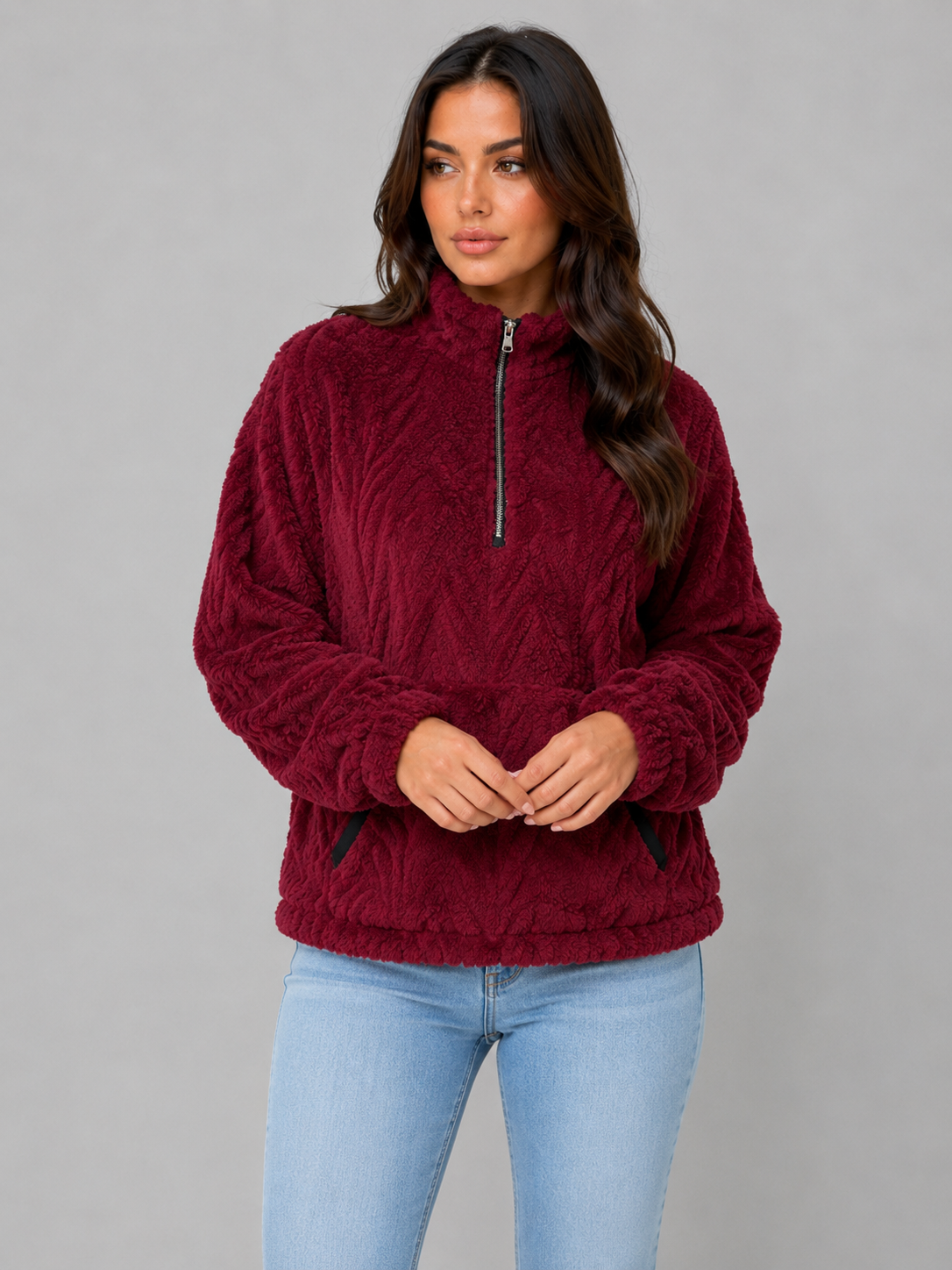 Vivica High Neck Plush Half-Zip Pullover - Burgundy