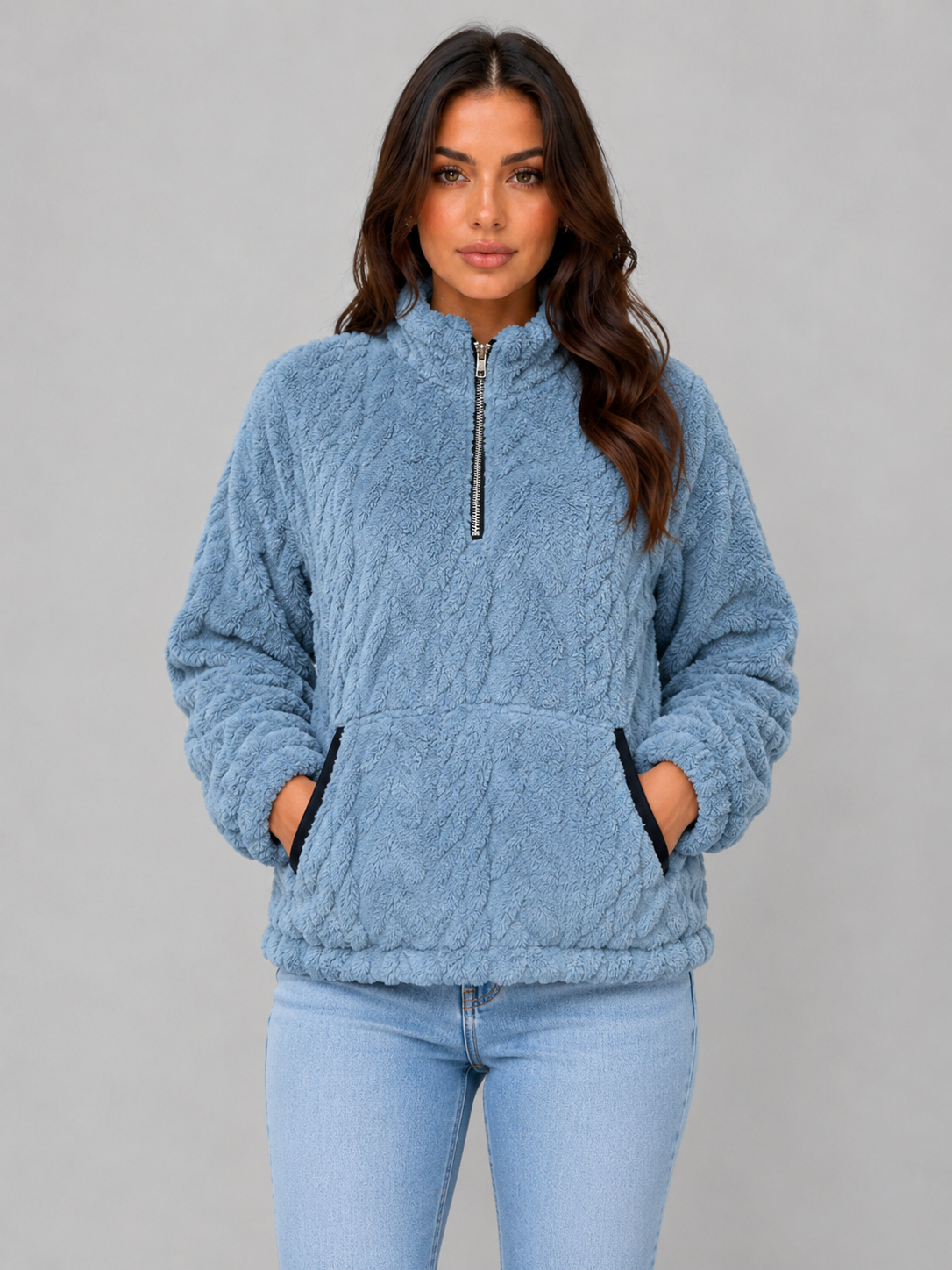 Vivica High Neck Plush Half-Zip Pullover - Dusty Blue