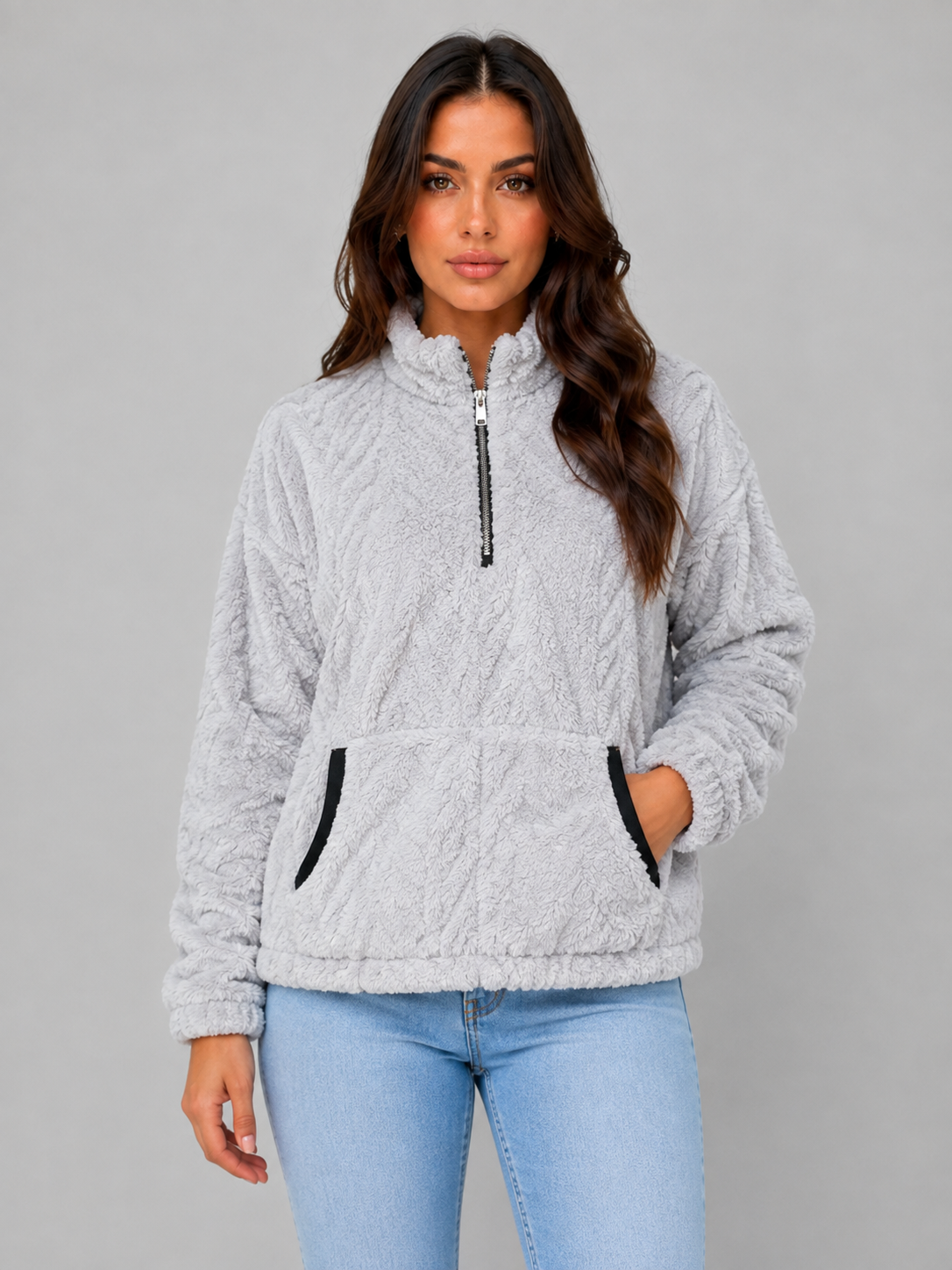 Vivica High Neck Plush Half-Zip Pullover - Light Gray
