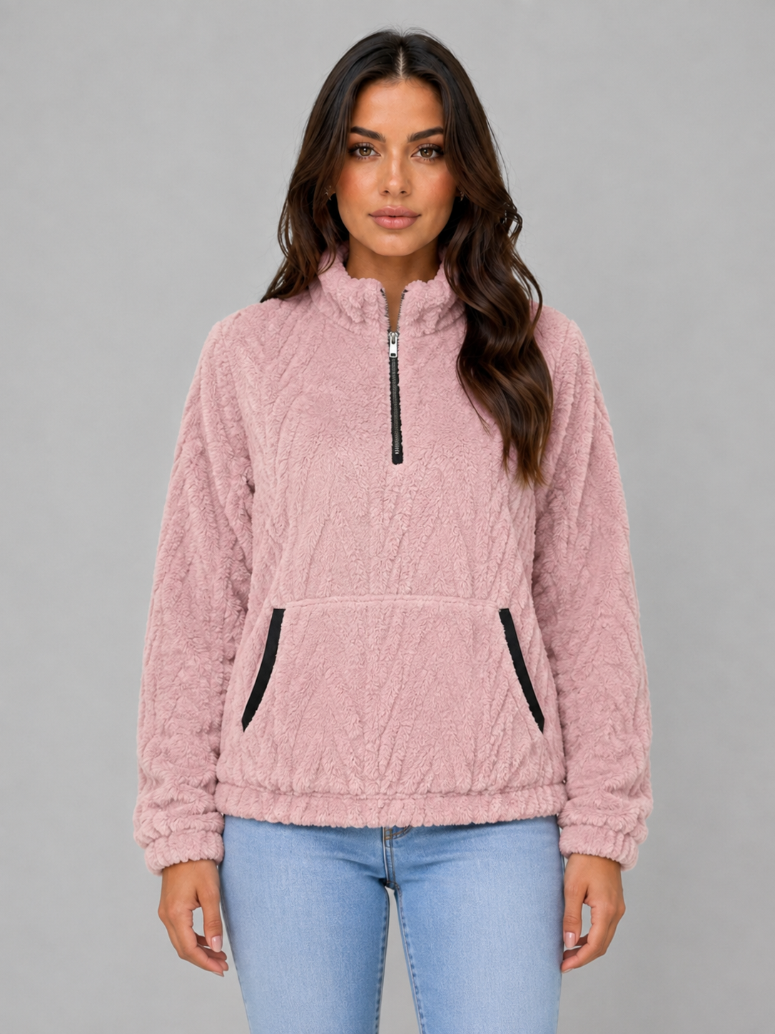 Vivica High Neck Plush Half-Zip Pullover - Pink