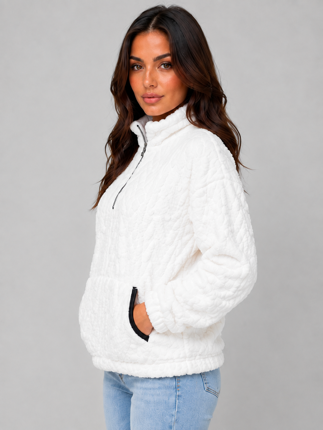 Vivica High Neck Plush Half-Zip Pullover - White