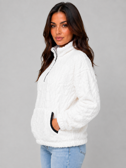 Vivica High Neck Plush Half-Zip Pullover - White