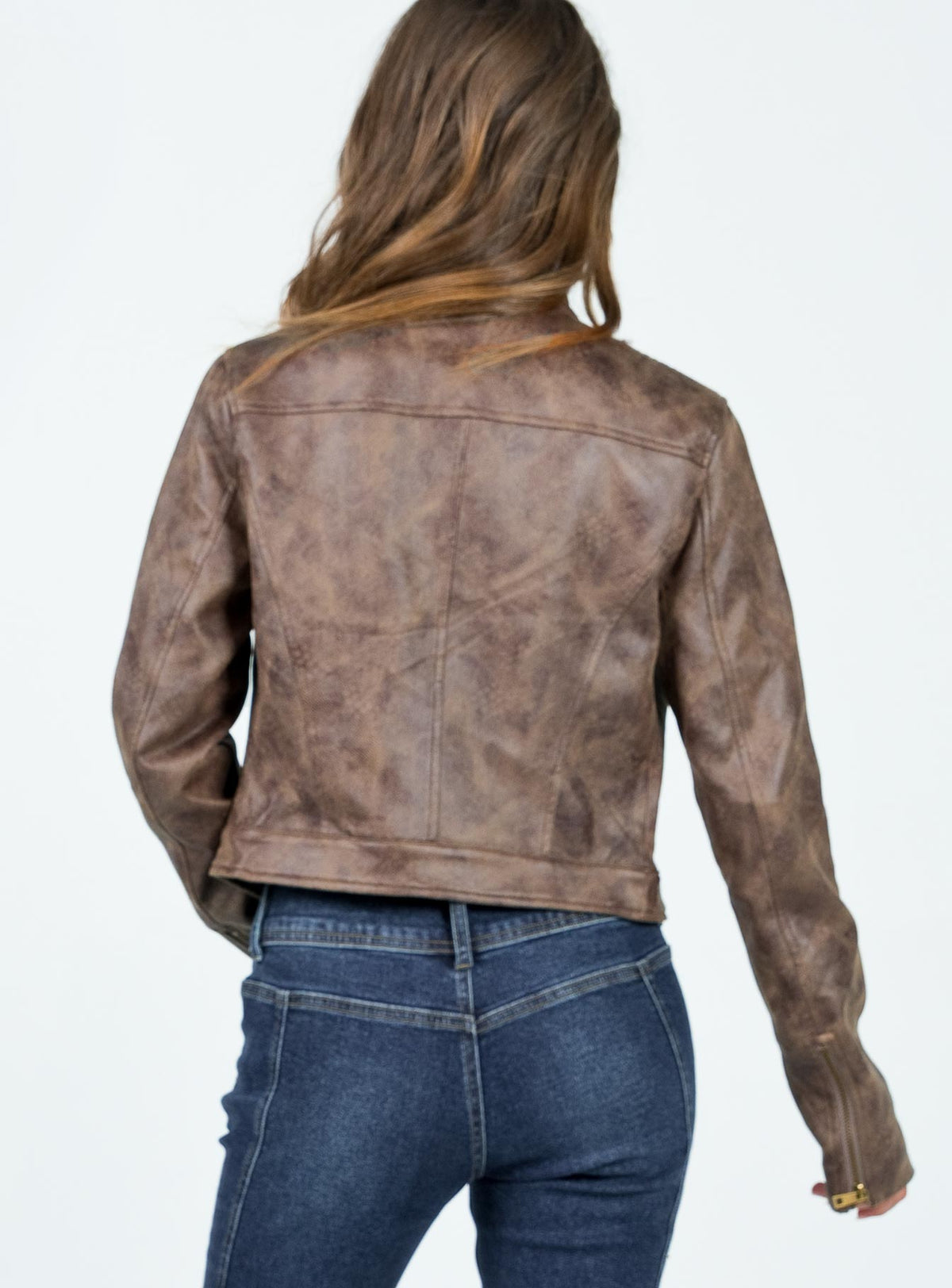 Voleta Distressed Fitted Moto Jacket - Brown