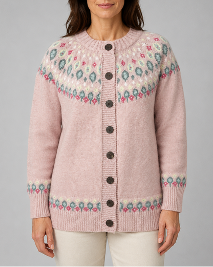 Waida Fair Isle Yoke Cardigan - Pink