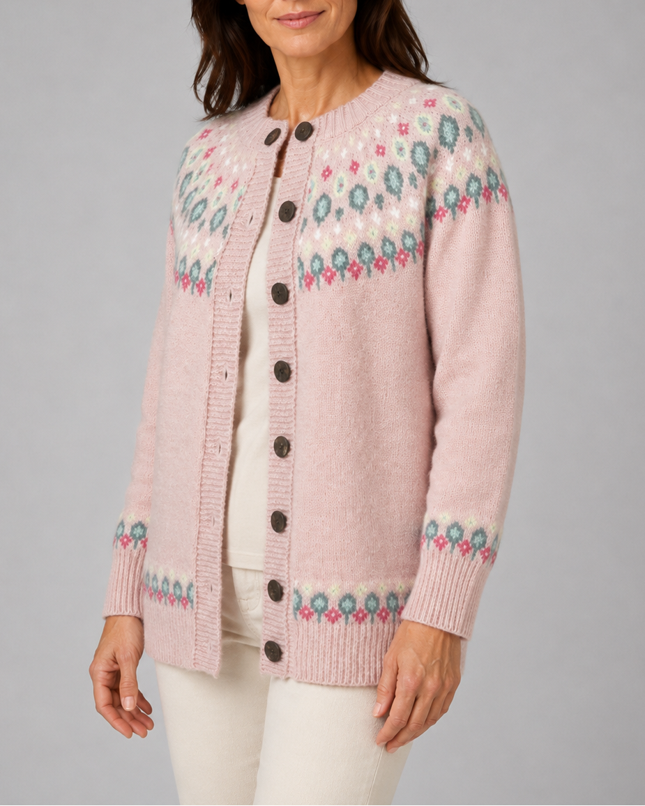 Waida Fair Isle Yoke Cardigan - Pink