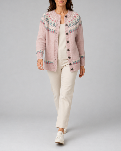Waida Fair Isle Yoke Cardigan - Pink