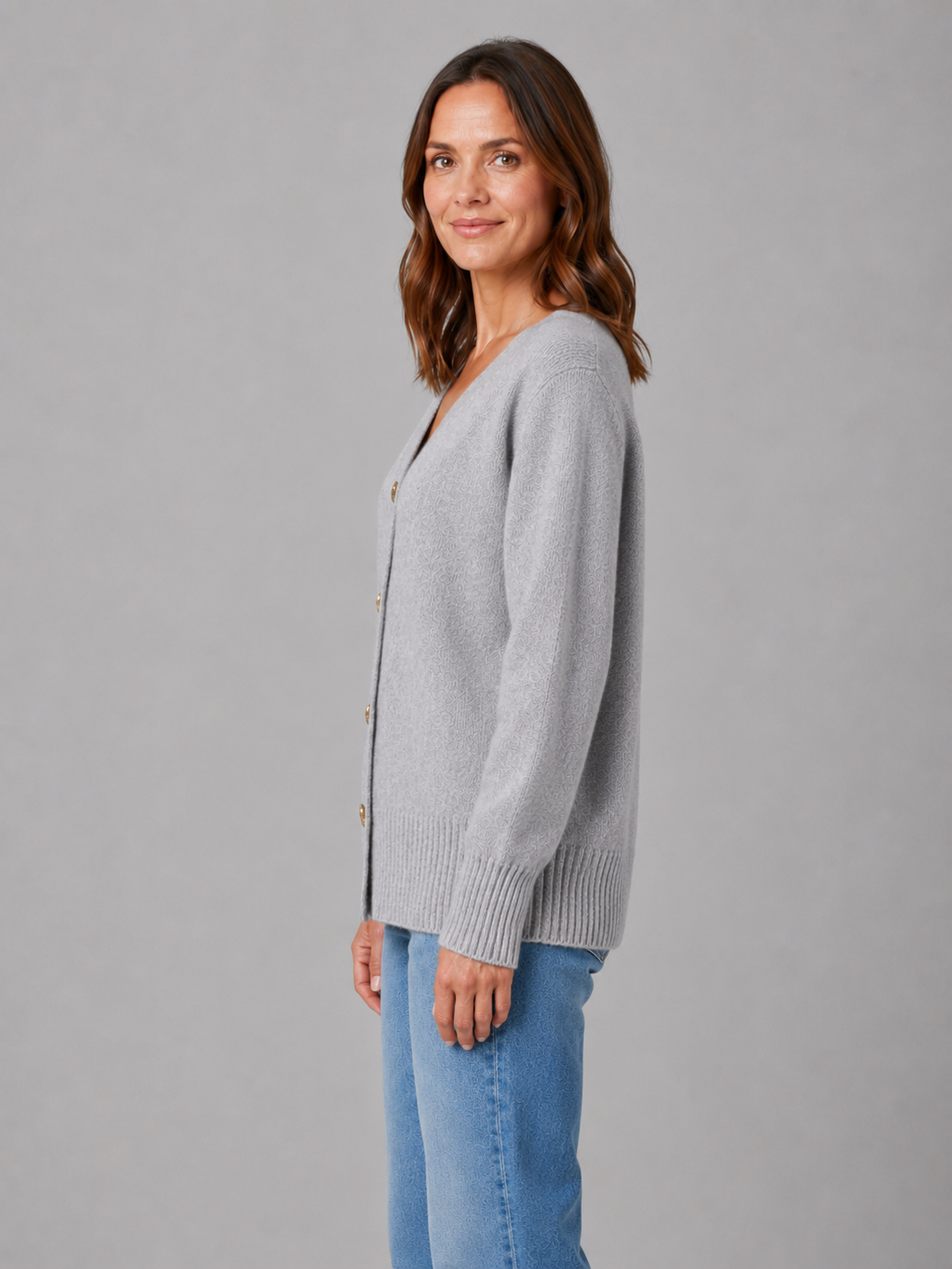 Walda Heart Button V-Neck Knit Cardigan - Gray