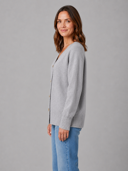 Walda Heart Button V-Neck Knit Cardigan - Gray