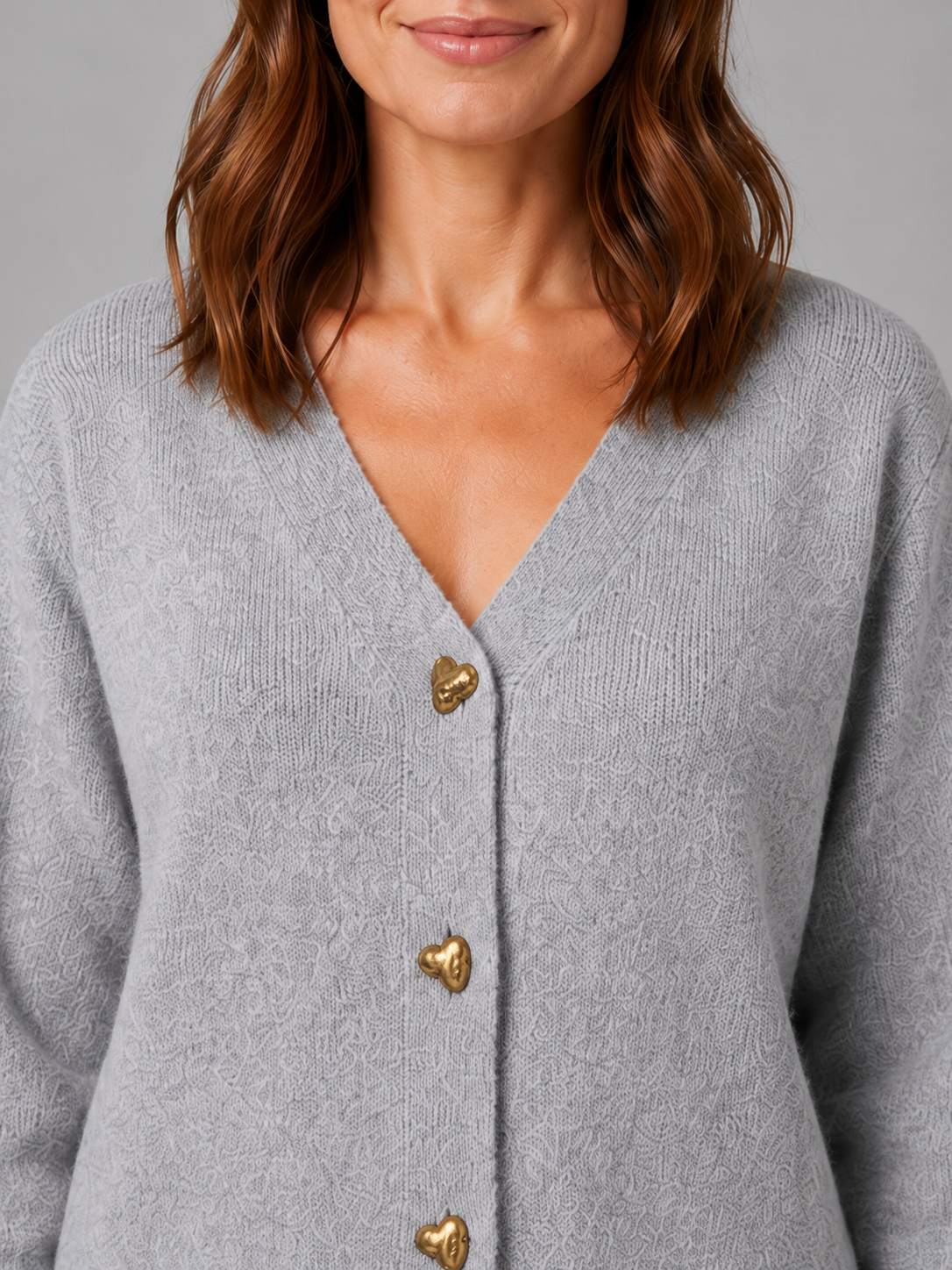 Walda Heart Button V-Neck Knit Cardigan - Gray