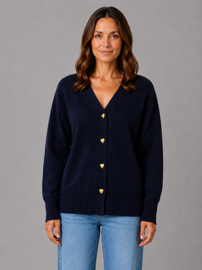 Walda Heart Button V-Neck Knit Cardigan - Navy