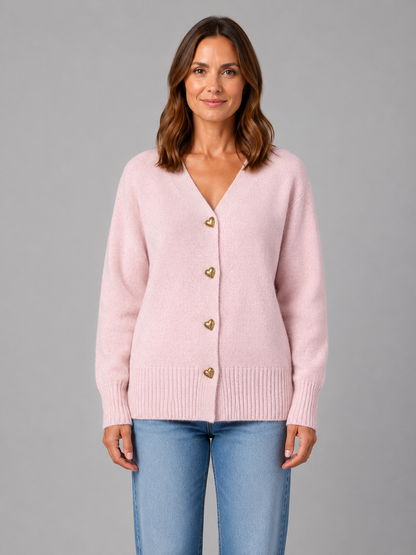 Walda Heart Button V-Neck Knit Cardigan - Pink