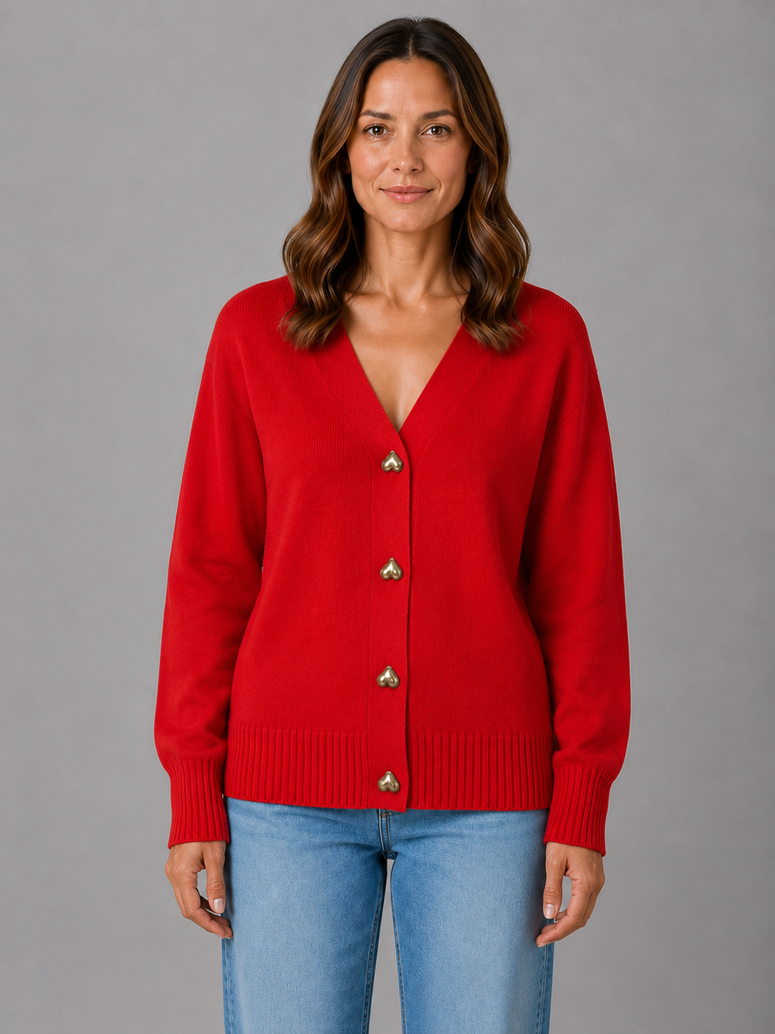 Walda Heart Button V-Neck Knit Cardigan - Red