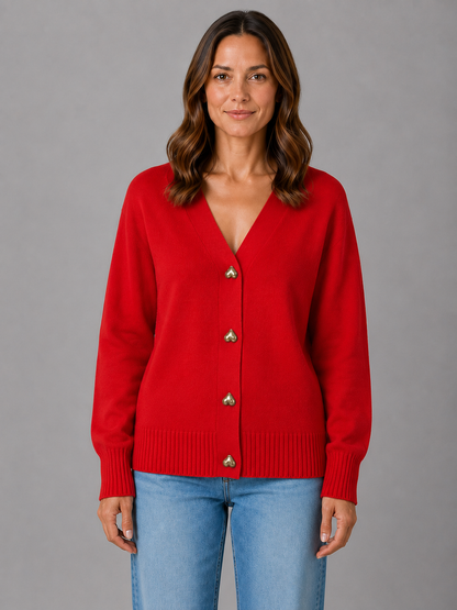 Walda Heart Button V-Neck Knit Cardigan - Red